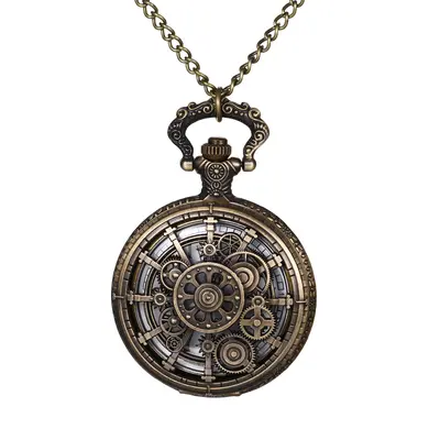 OIDEA Unisex Steampunk Geared Half-Hunter Fob Pocket Watch - Unique Skeleton Arabic Numeral Dial, Embossed Hollow Carving, Long Chain, Mechanical Style, Male Gift Fashion Accessory Jewelry