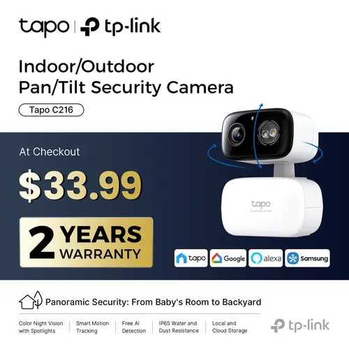 TP-Link & Tapo C216/C246D Pan/Tilt Indoor/Outdoor Security Camera,Single/Dual Lenses,2K 3MP,AI-Powered Detection,No Subscription,Motion Tracking,Color Night Vision,360° Pan/Tilt, Works w/Alexa & Google