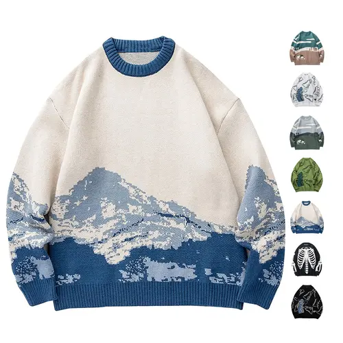 Arssm Oversized Graphic Sweater – Unisex Retro Cable Knit Pullover, Cute Casual Crewneck Jumper for Women & Men, Cozy Fall Winter Couple Top Knitwear Long Sleeve Vintage Breathable Soft Menswear Knitted Blue