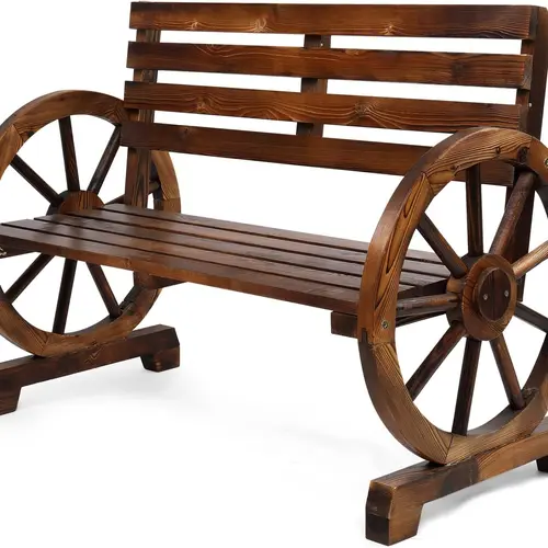 Ubesgoo Carbonized Weather-Ready Wood 2-Seat Wheel Bench with Burnt-Like Wood Finish, 41"(L)x21"(W)x31"(H) Rustic Slatted Seat & Back, 350lbs Capacity Patio Outdoor Furniture, Assembly-Required Adult Yard Seating