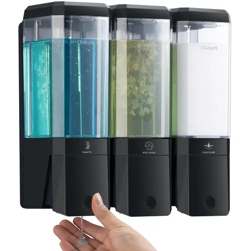 Glumzrk Black 3-Chamber No-Drill Refillable Dispensing Pump Soap Dispenser, Wall-Mounted Bathroom Shower Accessory with 500ml Refill Bottles, Adhesive Tape Install, Child Lock, Smooth Steady Flow, Classic White, Gifting Gift Box Included (1 Set)