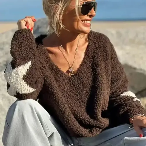 Women's Soft V Neck Sweater, Autumn Winter Loose Knit Pullover, New Design Star Pattern Top, Casual Fashion Long Sleeve Shirt, Knitwear