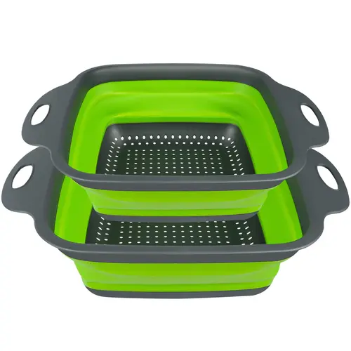 Sturdy 2-Piece Collapsible Silicone Colander Set - 11.5in & 9.5in Sieves with Wet-Hand Grip, Kitchen Utensils for Draining Veggies/Fruits, Flat-Folding for Drawer Space, Camping-Friendly Accessory