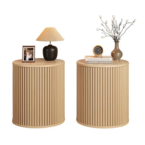 Giratree Small Round Side Table Fluted Night Stand, Modern Boho End Table with Storage, Circle Bedside Tables Wood Nightstands for Small Spaces, Living Room, Bedroom