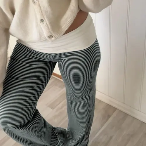 Women's Colorblock Striped Casual Fashion Pants, Casual Elastic Waisted, Casual Chic Trousers, Fitted Straight Leg Long Trousers for Spring & Fall, Comfortable Moderate Fabric Style, Casual Chic Bottoms, Striped Print Trousers