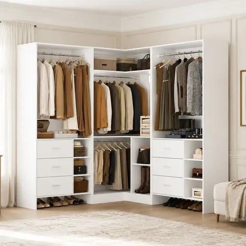 93in W Heavy-Duty Built-to-Last Wooden Freestanding Corner Armoire Wardrobe, Engineered Wood Closet Storage System with 6 Drawers, 4 Adjustable Hanging Rods & Shelves for Small Room & Organization Ideas