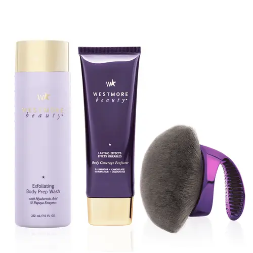 Westmore Beauty Ultimate Body Set | Exfoliating Body Wash, Body Coverage Perfector, X-Large Buffer Brush - Flawless Body Makeup, Concealer for Scars, Spots, Veins, Tattoos and More
