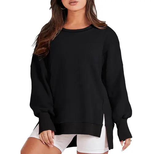 Aleumdr Lady's Plus Size Casual Cozy Sports Sweatshirt - Classic Crew Neck Longsleeves Pullover Top with High-Low Slit Hem, Women's Plus Size Clothing Sweaters