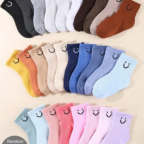 Random 20 Pairs Solid Color Cartoon Smiley Face Sports Socks, Breathable Comfort Casual Style, Unisex Kids Daily Wear, Sports Athletic Socks, Casual Stylish Socks