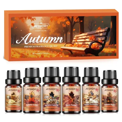 Aeshory Autumn Premium Fragrance Oil Set - 6 Assorted Flavors Bottled Mixed Boxed Assortment Aromatic Scent Scented Oils for Home Diffuser & Aromatherapy (Pumpkin Crunch Cake, Marshmallow, Magic, Leaves Scents)
