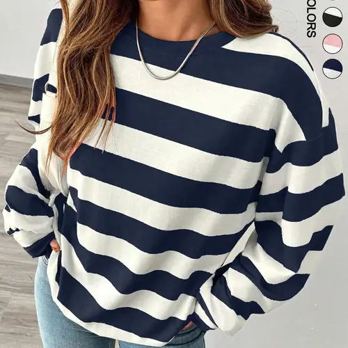 Women's Striped Round Neck T-Shirt, Everyday T Shirt, Loose Fit Slimming Top, Casual Comfort for Fall and Winter Fashion