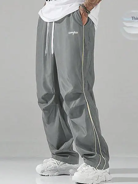 Men's Loose 100% Polyester Grey Sweat Pants - Mens Clothing, Men's Wear, Essential Sweatpants with Lightweight Soft Fabric, Large Cut, Grey Side Strips, Gold Decorative Bars, Comfortable Casual Gym Wear (Gifts for Him),father'sdaygifts