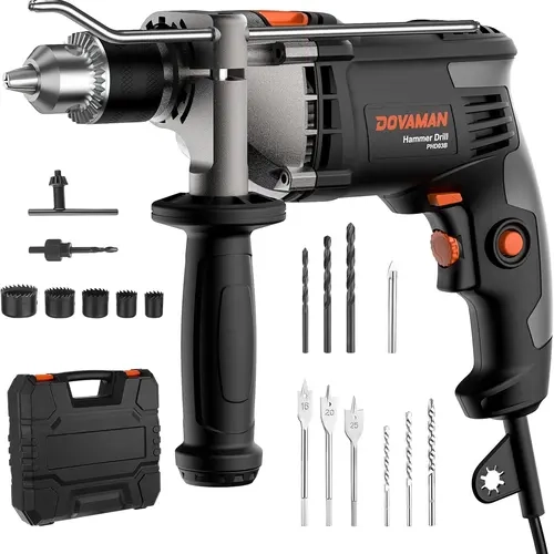DOVAMAN PHD03B 850W Corded Hammer Drill, 3000RPM Variable Speed, 13MM Metal Chuck, 2-Function with Forward/Reverse Control, 1 Depth Gauge, 1 Glass-Tile Bit, Hole Saw, Woodworking Flat Bit, HSS Blades, Multi-Material Drilling Power Tool, Phd03b Model