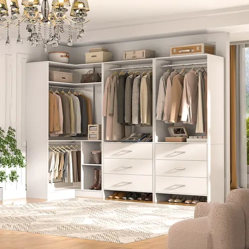 81'' W Corner Closet System with 6 Wooden Drawers ＆ 4 Hanging Rods, Freestanding Walk-in Closet Organizer System Modular Wardrobe with Storage Shelves