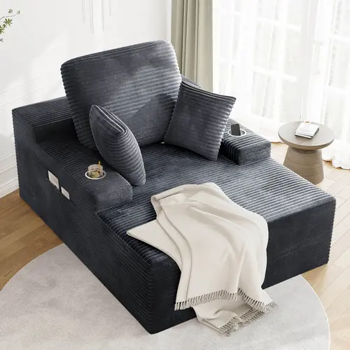 LIKIMIO 49" Deep Oversized Convertible Chaise Lounge Sofa Bed - Overstuffed Sofa, Cloud Couch Design, Plush Corduroy Cushion, 2 Cup Holders, Storage Pocket, No-Assembly, Full Foam Support, Living Room Decor, Indoor Furniture