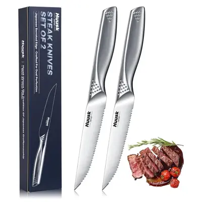 Huusk knives Serrated Steak Knives Set - 4.5" Japanese Stainless Steel Steak Knives Set of 2, Sharp Dishwasher Safe Dinner Knife for Kitchen Table with Gift Box,Christmas Gift