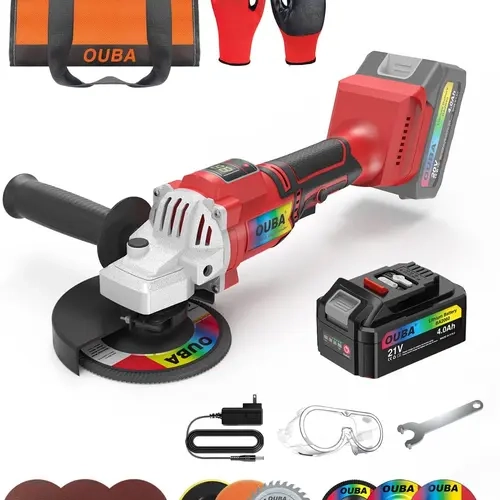 OUBA 20V Cordless Angle Grinder – 6-Speed Power Tool with LED Display, 4.0Ah Battery, 4-1/2" Wheel, Grinder Stand – Compatible with DeWalt, Red