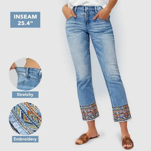 Flamingals Mid Rise Embroidered Raw Hem Crop Jeans Stretchy Straight Leg Flattering Summer Vibes
