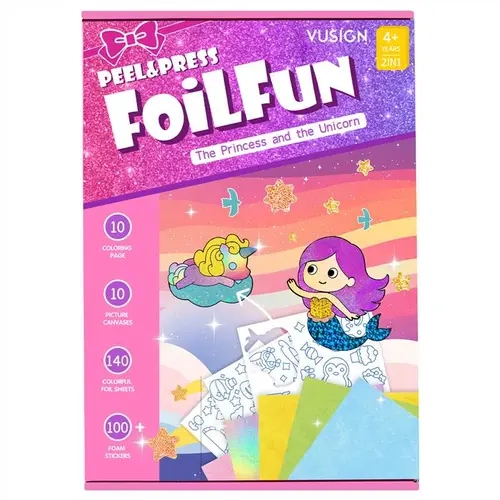 Finenolo Foil Art Kit for Kids - 10 Canvases, 120+ Foil Sheets, 140+ Foam Stickers, No-Mess Glue-Free Foil Craft Set for Ages 4+, Princess & Unicorn Collage Art Birthday Easter Thanksgiving Gift