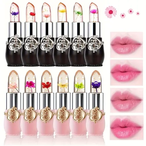 12pcs Crystal Flower Jelly Lipstick Long-lasting MoisturizingLipstick Lip Moisturizer Color-changing Waterproof HydrateGlossy Makeup - Moisture Hydrating Cosmetic