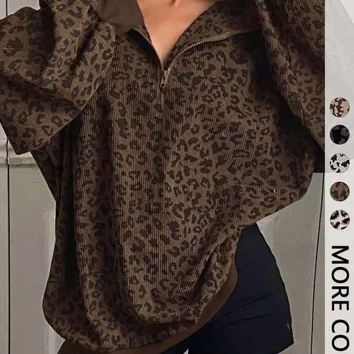 【Black Friday】Women's Leopard Print Half-Zip Pullover Sweatshirt, Oversized Drop-Shoulder Long-Sleeve Top with Contrast Cuff & Hem, Loose Relaxed-Fit Casual Streetwear