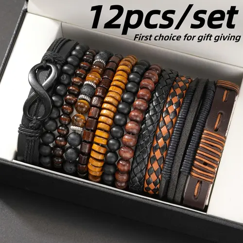12Pcs/Set Vintage Men Artificial Leather Beads Bracelets - Bohemian Ethnic Men's Tiger Eye & Moonstone Beads, Braided Leather & Synthetic Fiber Cord Stackable Bracelets Fashion Jewelry for Casual & Party Versatile Daily Wear