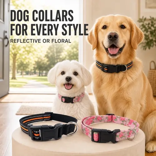 SmartWell Adjustable Dog Collars - Durable Nylon/Floral Fabric (Pink Daisy, Purple Leaves), Plastic Quick-Release Buckle, Reflective Stripe, Solid D-Ring, Detachable, Hand Wash Only, Universal Fit for Puppies/Adult Dogs, Night Walk Safety