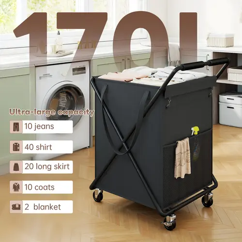 【Stock Up】Raybee STURDY & SMOOTH Metal Frame 170L/45 Gallons Laundry Basket With Wheels, Laundry Cart with extra Large Reinforced Handles for Homeuse & Laundryroom, Laundry Organiser Washable & Removeable Bags, No Sweat odors,Dirty Clothes Basket,Dorm Use