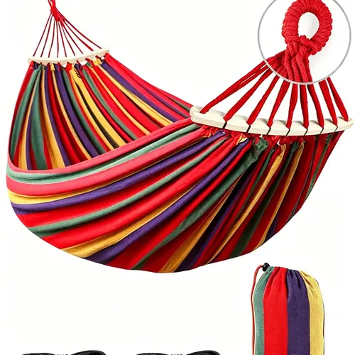 Portable Travel Hammock - Durable Lightweight Thick Nylon Single-Person Hammock, 550 lbs Capacity, Anti-Rollover Spreader Bars, Metal Support Ring, Secure Tree Straps, Carrying Bag, 200cm Flat Shape, for Camping, Backyard Relaxation, Durable Hammocks