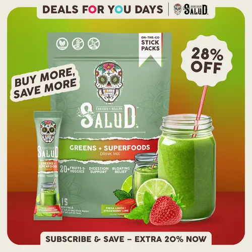 Salud 2-in-1 [Greens + Superfoods] Daily Greens Drink Mix, Agua Fresca, Gut Health & Bloating Support, Probiotics & Prebiotics, Vegan, Non-GMO, Easy-to-Drink Greens Powder (15 Servings)