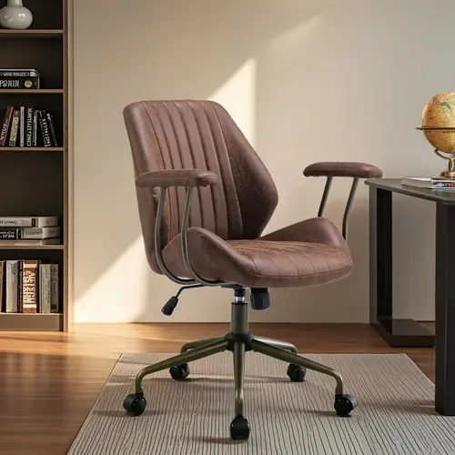 XIZZI Mid-Century Modern Faux Leather Office Chair with Padded Armrests & Height Adjustable Seat for Home & Conference Room Use, Adjustable Office Chair
