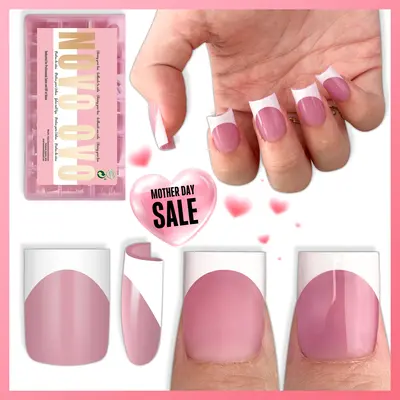 NOVO OVO Short Sharp Square White French Tip Nail Tips Press on BERRY PINK, Need Builder Gel Top Coat Nail Glue, Soft Gel Fake Nail Extension, Full Cover False Nails for Salon DIY x 15 Sizes 240 pcs【DOES NOT INCLUDE: LIGHT, GLUE, BUILDER GEL】