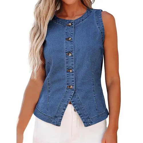 luvamia Women's Fitted Crew Neck Sleeveless Denim Vest - Medium Blue, Button Down, Western Clothing, Casual Summer Everyday Waistcoat (Button Detailing Women's Vests for Fashion)