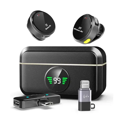 Wireless Lavalier Microphone with Noise Reduction, Charging Case, Clip-On Lapel Receiver for iPhone, iPad, Android Smartphones, USB Wearable Recording & Live Podcast Equipment (Black),father'sdaygifts