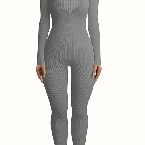 Women's Ribbed Thumb Hole Design Lounge Body Shaping Jumpsuit, Slim-Fitting Home Wear for All Seasons, Women's Loungewear Footed Jumpsuit, Body Shapers, Fitted Shapewear Garment, Shapewear Clothing