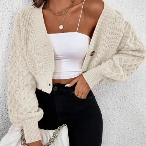Women's Knitted V Neck Cardigan Knitwear, Long Sleeve Short Jacket, Ribbed Button Fashion Commuter Elegant Spring Autumn Outerwear, Knit Clothing