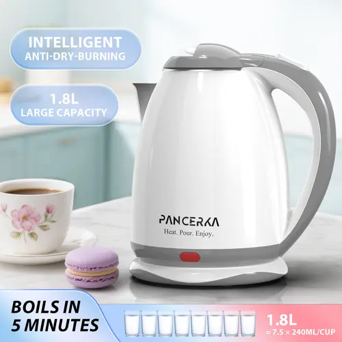 PANCERKA Fast Heating Electric Kettle (Fast Heating Kettle) - 1.8L, 1000W, 110V, 50-60Hz, Cold Touch Double Walls (Burn Risk Reduction), Auto Shut-Off, Boil-Dry Protection, BPA-Free, US Plug, User Manual, Ideal for Coffee & Tea