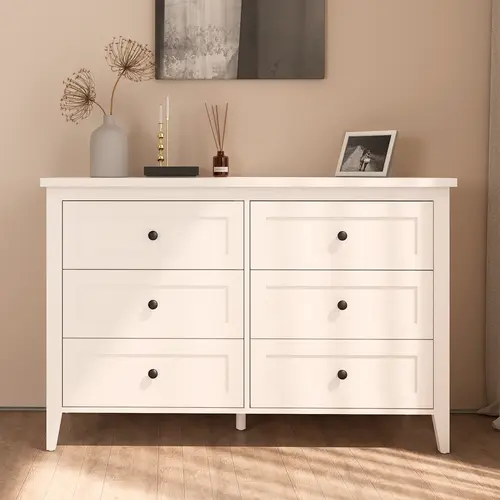 VOWNER 6 Drawer Dresser for Bedroom with Metal Knobs, Mid-Century Dresser Wood Chest Organizer with Wide Storage, for Bedroom, Living Room, White