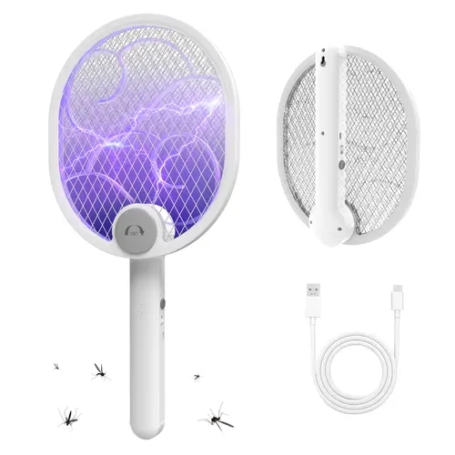 Cordless Mosquito Zapper - 2-in-1 Rechargeable Anti-Mosquito Electronic Killer, Built-in 1200mAh Lithium-Ion Battery Powered, Foldable Handheld Rotatable Design, 3-Layer Mesh Anti-Shock Safety Net, Purple UV Light, 3800V Fly Control, Indoor/Outdoor Use
