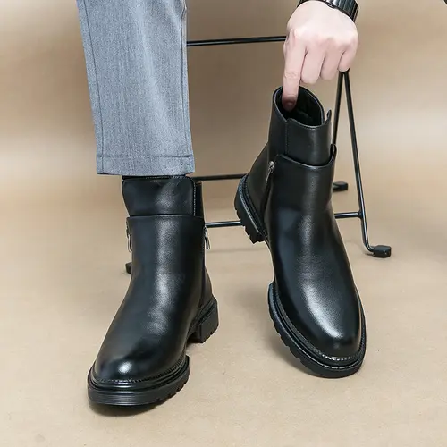 Ubetif Men's Closed PU Leather Retro Cuban Preppy Elegant Cowboy Ankle Boots - Zipper-Side, Work-Ready Walking Shoes for Office & Casual Commuter Footwear Fashion (Black)