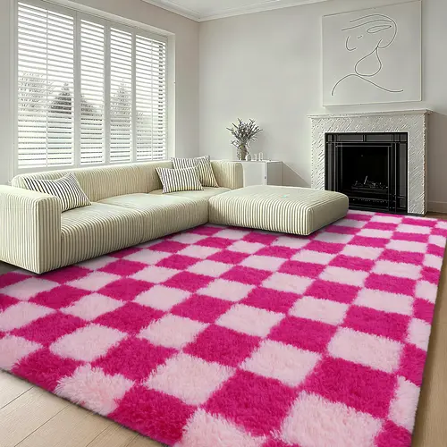 MUGORN Fluffy Plaid Print Area Rug - Durable Polyester, Anti-Skid, Classic Checkered Design, Black and White Rugs with Designs for Bedroom, Living Room Decor