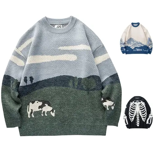 Gihuo Womenswear Oversized Dinosaur Pattern Soft Crew Neck Lightweight Cable-Knit Pullover, Unisex Long-Sleeve Cotton Casual Outfit with Cargo Matching for Spring Fall Winter, B-Black