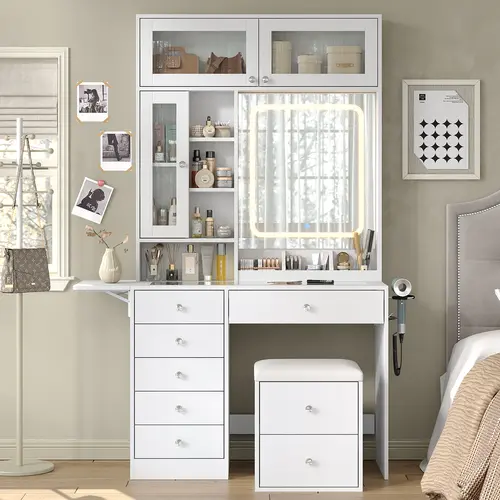 FUSOU 72'' Tall Vanity Desk with LED Mirror, 6 Drawers Makeup Vanity with Charging Station, 2 Transparent Cabinets & 3 Shelves, Glass Top Vanity Set with Storage Stool for Bedroom, White