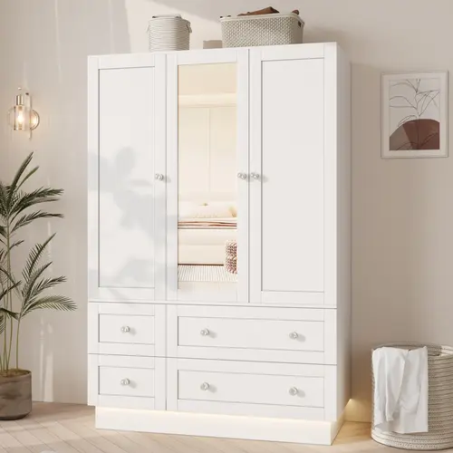 【2 Packages Delivery】VOWNER Bedroom Wardrobe with 3 Doors and 4 Drawers, Mirror, RGB Lights, Hanging Rod, Bedroom, Living Roo
