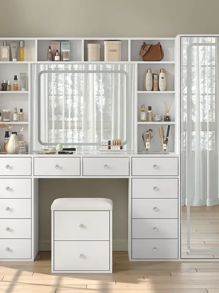 [Shipping by 3 Packages] FUSOU 2-in-1 Vanity Desk Full Length Mirror & LED Mirror with Power Outlet, Makeup Vanity 14 Drawers & 10 Shelves, Hidden Storage Capacity, Dimmable & 3 Color Lighting Dressing Table for Bedroom, White,Shipping by 3 Packages