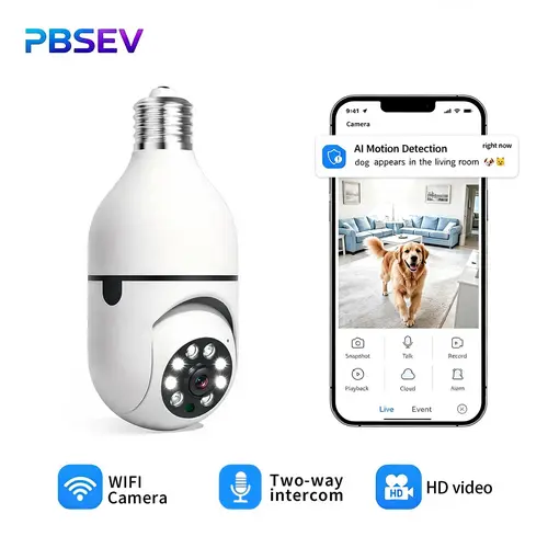 PBSEV 3MP Full HD Artificial Intelligence Light Bulb Camera,360°PTZ&2.4GHz WiFi Wireless Security indoor Cameras for Home,Motion Detection,Two-Way Audio,Easy Installation to E27 Light Socket,Monitoring Local Cloud,Smartphone Control Lens,father'sdaygifts