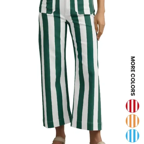 Aswulk Womens Cropped Striped Jeans Casual High Waisted Stretchy Straight Leg Denim Pants with Pockets