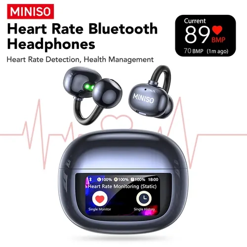 MINISO MS212 Clip-On Open-Ear Wireless Headset - Built-in Bluetooth 6.0, IPX5 Sweatproof Sport Design, LCD Full-Color Touch Screen, Heart Rate Detection, Noise Isolation, Data Visualization, Battery, Camera Compatibility, for PC/Laptop/Mobile, Exercise