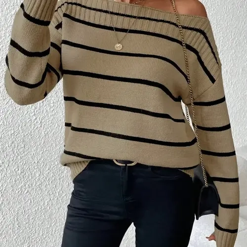 Women's Casual Striped Loose-Fit Sweater Top, Asymmetrical Neck Long Sleeve Pullover, Spring & Fall Fashion Knitwear, Casual Classy Top
