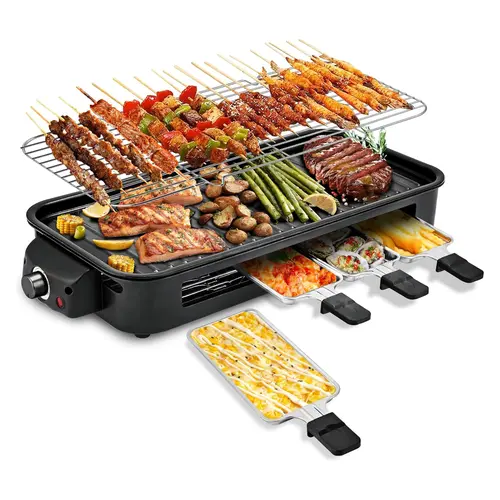 Pukomc 1500W Smokeless Griddle Grill - Electric Nonstick Grill with Extended Removable Plates, Adjustable Temp Control, 4 Mini Raclette Pans, Compact Apartment Kitchen Supplies, Mess-Free Easy Clean Accessory